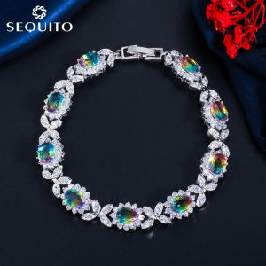 SEQUITO Hot Sale Stunning Mystic Rainbow Topaz Charm Flower Bracelet Bangles Inlay CZ Female Evening Dinner Party Jewelry B086
