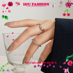 Set 2 nhẫn nữ kiểu hở có thể điều chỉnh kích cỡ thời trang retro thanh lịch thiết kế mảnh nhẹ lượn sóng màu bạc trang sức phụ kiện xinh NA-30