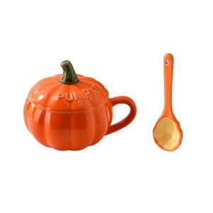 EDTUD with Spoon and Lid Halloween Cartoon Pumpkin Mug Under-glaze Painting Ceramic Breakfast Oatmeal Cup Cute Anti-scalding Handle Fruit Salad Bowl Pudding