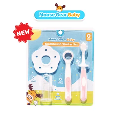 Moose Gear Baby 4in1 Toothbrush Starter Set Easy Grip Soft Bristles Pink & Blue