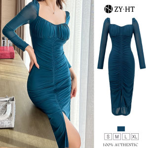 ZYHT eravogue đầm lưới màu xanh da trời thiết kế xếp li cổ áo vuông đầm body nữ ôm body xẻ tà dài 9551