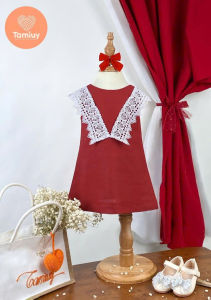 Đầm Bé Gái Tamiuy Linen Phối Ren Cổ Tròn Ren Chữ V Đầm Xòe Bé Gái Dạo Phố Diện TếtSize 10–40kg