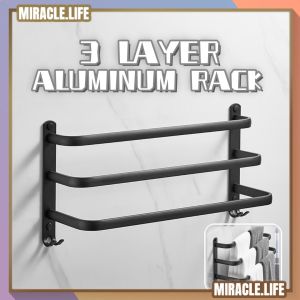 Premium 3 LAYER Aluminum Towel Storage Rack With Hook Bathroom Towel Rack Shelf Holder Bar Rack Hanger Toilet Rack