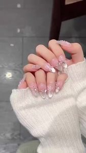 100% HANDMADE Artificial Nail Magic Mirror Pink Butterfly Cats Eye Phototherapy Press on Nails Reusable and Removable Nails with Toolkit