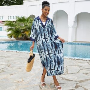 Stylish Blue Tie Dye Kaftan Dress With Collare V-Neckline Bohemian Women Shirt Maxi Dress Caftan Loose Shape Robe Beach CoverUps