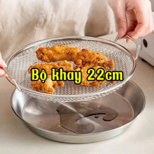 [MẪU HOT 2026] Bộ Khay Đĩa 20cm - 22cm Kèm Vỉ Lọc Dầu – Đựng Đồ Chiên Luộc Ráo Dầu Nước Tiện Lợi