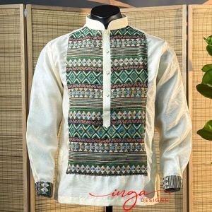 Mens Modern Barong Tagalog Green Ethnic Design in Premium Cream Piña Organza Fabric with Lining Chinese Collar Long Sleeve NELSON GREEN by INGA DESIGNS