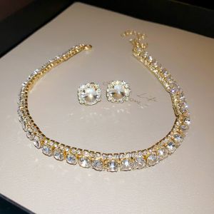 ED Retro Crystal Necklace Handmade Vintage Rhinestone Choker Necklace Jewelry Gift Sparkly Necklace Earrings Set Jewelry Accessories
