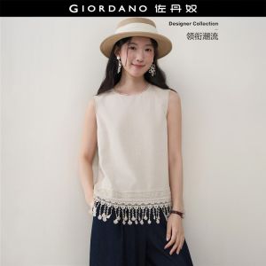 Giordano Women Lace round neck fringed hem sleeveless blouse Free Shipping 18346811