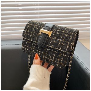 BAO012 Tas Wanita Tas Style Rajut Rami Selempang Wanita Tali Rantai  Tas Selempang Tweed Bag Rantai Gold Fashion