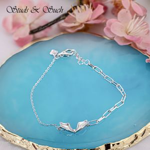 [Studs & Such] 925 Silver Asymmetrical Link & Cable Chain Bracelet With Bunny Ears Bowknot Pendant