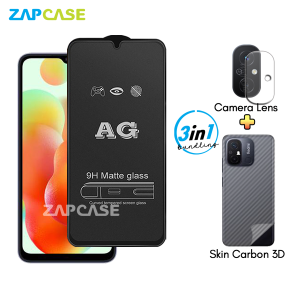 Xioami Redmi 12C PAKET 3in1 Tempered Glass Anti Glare Free Camera Lens dan Skin Carbon