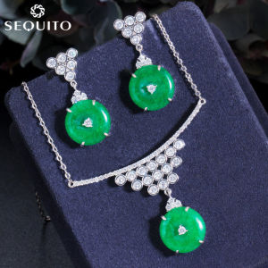SEQUITO Classic Elegant Round Green Jewelry Set Pave High Quality AAA CZ White Gold Plated Bar Necklace and Earrings for Women Gifts SJ118