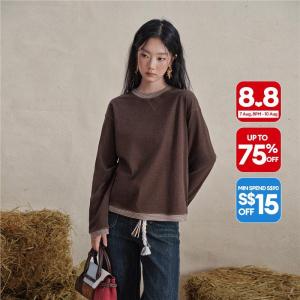 Giordano Women Striped trim drop shoulder long sleeve knit tee Free Shipping 18326312