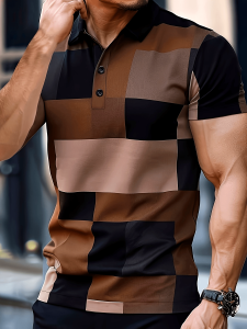 Tag-init na Pambatang Maikling Manggas na Makabagong Kaswal na Checkered na Printed na Shirt na Button-up na T-shirt para sa Lalaki