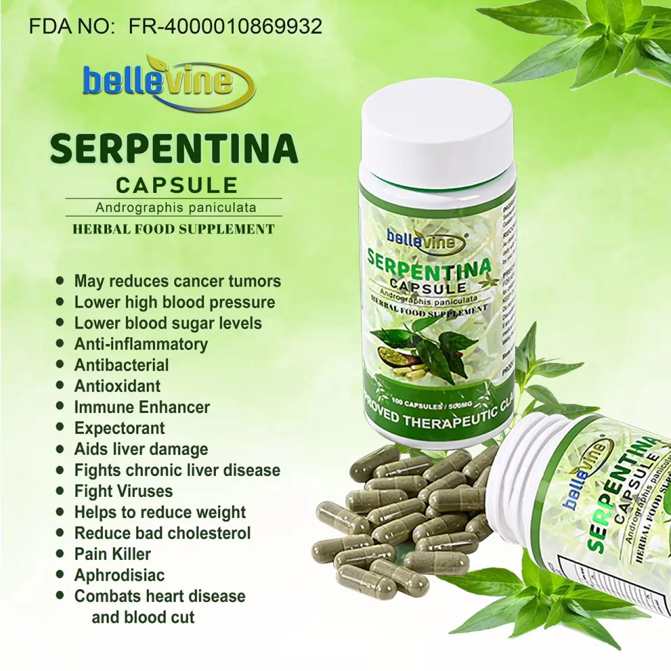 Bellevine Serpentina Supplement Capsules 500mg Bottle of 100 FDA