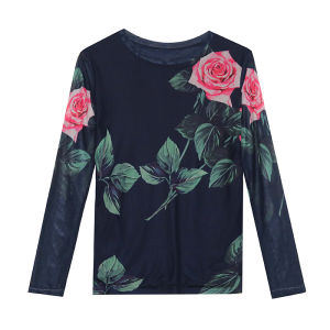 REHIN Áo Nữ Áo Thun Tay Dài In Hoa Lưới Thời Trang Mùa Thu Áo Cánh Thanh LịCh Mỏng Và Mỏng CỔ TRÒN