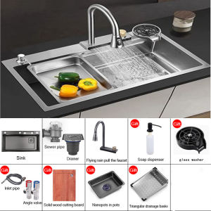 kitchen sink SUS304 stainless steel sink with waterfall pull-out faucet sink home sink