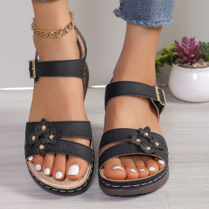 Free Shipping New Summer Wedge Sandals For Women Featuring Floral Designs Thick Soles Soft Leather And A Fashionable Casual Style Available In Larger Sizes For Beach Wear
