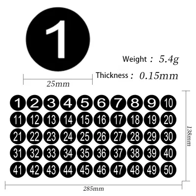 10 Sheets 1-50 Number Stickers 25mm Waterproof Colorful Black Round Number Lable Adhesive Sticker