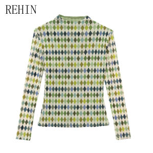 REHIN ลายจุดตาข่ายพิมพ์ลายประดับเพชรคอสูง-เสื้อเข้ารูปพอดีแขนฤดูใบไม้ร่วงฤดูหนาวยาวสุดหรู