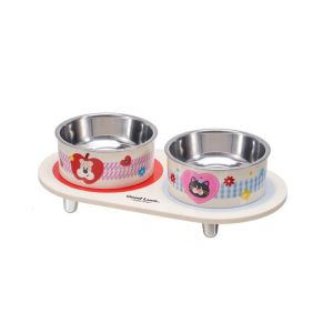 SDFSF Cartoon Double Cat Bowl Stainless Steel Large Capacity Elevated Pet Food Bowl Cute Non-Slip Cat Water Bowl for Cats Dogs