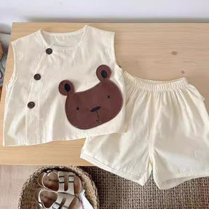 Store HHDKE3 ชุดสูทลำลองแขนสั้นสำหรับเด็กผู้ชายและเด็กผู้หญิง ชุดการ์ตูนฤดูร้อนน่ารักแขนสั้นสไตล์บางแขนกุด