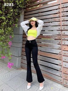[Size 27-35] Quần jean dài nữ ống bass lưng cao 2 nút mẫu trơn co giãn mạnh màu đen