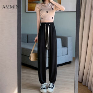 AMMIN โบว์เอวสูงสไตล์เกาหลีแบบยืดได้กางเกงขาม้าไอซ์ซิลค์เข้ารูปทรงเอวสูงแบบตรงบางสำหรับผู้หญิงใส่ในฤดูร้อนมีกางเกงลำลอง9นาที