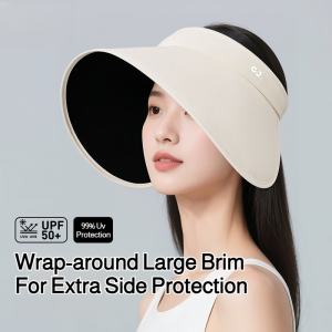 2025 New Style Hollow Top Hat Does Not Fall off and Does Not Block the Sight Sun Hat Large Brim Sun Hat Foldable Black Plastic Sun Hat环绕式大帽檐黑胶空顶防晒帽