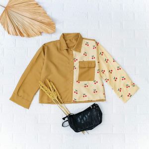 Kemeja Wanita Lengan Panjang Korea Style Terbaru Baju Hem Cewek Kekinian Cherry Combine Fit S - XL