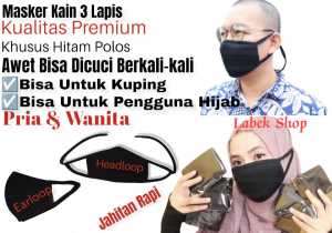 Masker Kain 3 Lapis Tali Panjang 12 Pasang Pria Wanita Bisa Dicuci Ulang / Masker Hijab Hitam Polos