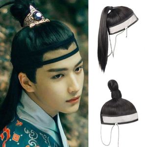 Y2K2 ระบายอากาศได้ระบายอากาศ หล่อสุดเท่ ที่มีคุณภาพสูง วินเทจ นักรบคอสเพลย์ผม สตูดิโอถ่ายภาพ ชิ้นส่วนผมนินจา ของเก่าแบบโบราณ ผ้าโพกศีรษะคอสเพลย์ มวยผมปลอม วิกผู้ชาย Hanfu ผมหางม้ายาวตรง วิกผมผ้าขนหนูสุทธิ Ming-made
