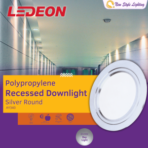 YETPlus LEDEON AY340 7W 4" 4 Inch LED Ceiling Light Recessed Downlight Silver Round Plastic Polypropylene Frame Panel Light 6500K Daylight 120mm Hole