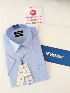 [Việt Tiến] Áo Sơ Mi Ngắn Tay - Regular (Suông) - Vạt Vuông - Kẻ ô xanh
