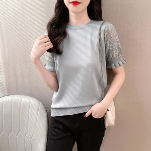 LUCKIN STORE Áo Thun Nữ Thời Trang Nữ Lụa Băng Phong Cách Mùa Hè Nối Ren Tay Ngắn Cổ Tròn Đa Năng