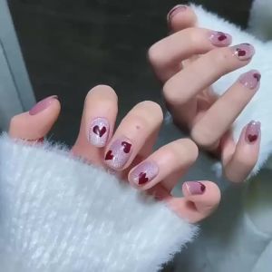 [HANDMADE]Artificial Nail New Short Hand-painted Burdy Love Heart Cat Eye Flashing Phototpy Nails Reusable and Removable Nails
