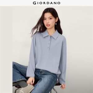 GIORDANO Women Polo Shirts 100% Cotton Half Placket Polo Shirts Long Sleeve Fashionable Relaxed Polo Shirts 13316612