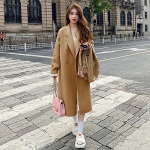 Korean College Style Minimalist Woolen Coat INS Fashionable Autumn and Winter Womens Hepburn Style Versatile Medium Long Coat