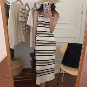 Womens Dress 2025 Summer New Round Neck Loose Casual Contrast Color Design Striped Versatile Sleeveless Knit Tank Top Dress