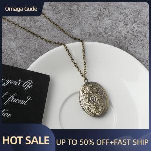 Omaga Carved Flower Stripe Locket Pendant Necklace Vintage Brass Opening Photo Box