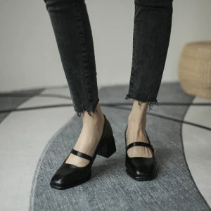 Sizes 35-40 High Heels Thick Heels Mary Jane Shoes Womens Vintage New French Square Toe Leather Shoes