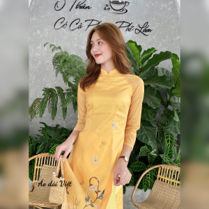 Áo dài cách tân nữ 4 tà màu vàng voan lụa cao cấp may sẵn