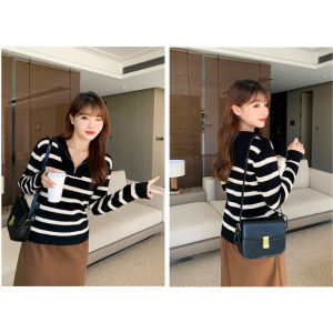 Valent Atasan Blouse Stripe Rajut Wanita lengan Panjang 4306