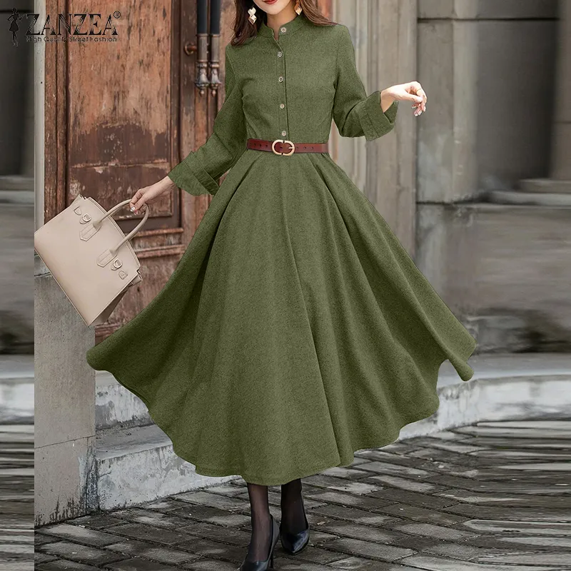 ZANZEA Korean Style Women Trendy Autumn Stand Collar Collect Waist Dresses Full Sleeve A-Line Plain Long Dress #1013 | Lazada PH ZANZEA Korean Style Women Trendy Autumn Stand Collar Collect Waist Dresses Full Sleeve A-Line Plain Long Dress #1013 | Lazada PH