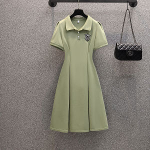 Gaun Polo Wanita A-Line Motif Abstract Lengan Pendek Premium - Hitam/Persik