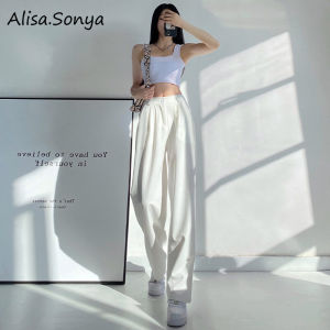 Alisa.Sonya เกาหลีสไตล์กางเกงขากว้างสำหรับผู้หญิงคลาสสิกหลวมพอดีขาตรงสูงกลับเอวยางยืดความยาวเต็มชุดกางเกง กางเกงขาบาน กางเกงขาบานผู้หญิง - Lazada