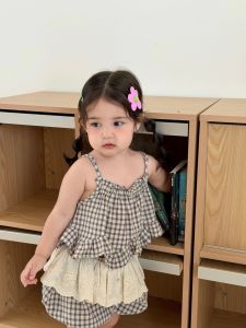 Childrens plaid suspender shirt set for summer 2026 Korean-style childrens clothing baby clothes summer outfits for girls