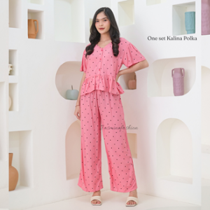 Setelan Panjang Kalina Polka Bahan Rayon Premium Termurah Kekinian