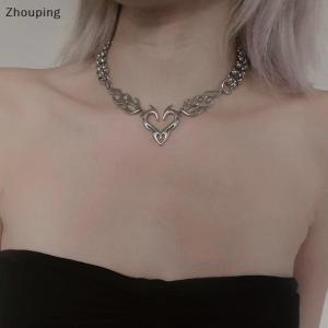 【ZP】Cute สร้อยคอสแตนเลสกลวงรูปหัวใจสำหรับผู้ชายผู้หญิงสร้อยคอคอโลหะแนวพังค์สุดหรูเครื่องประดับฮิปฮอป
